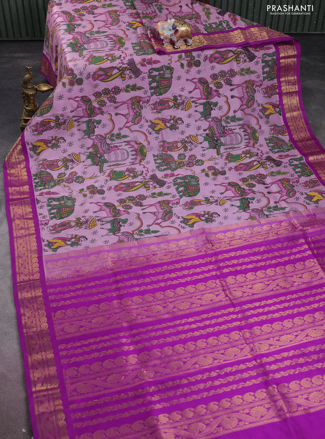 Silk cotton saree mild lavender and purple with allover kalamkari prints and zari woven korvai border
