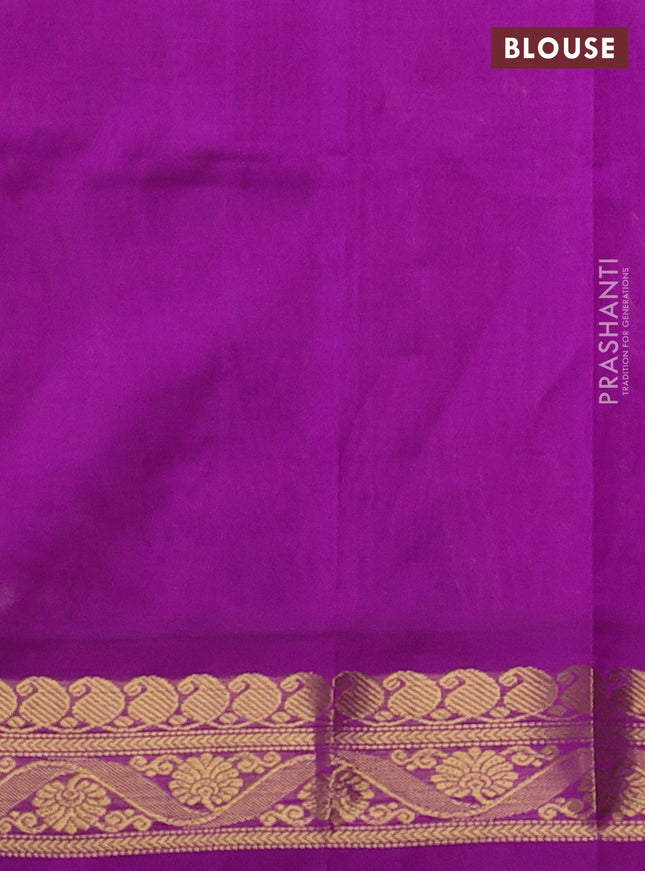 Silk cotton saree mild lavender and purple with allover kalamkari prints and zari woven korvai border