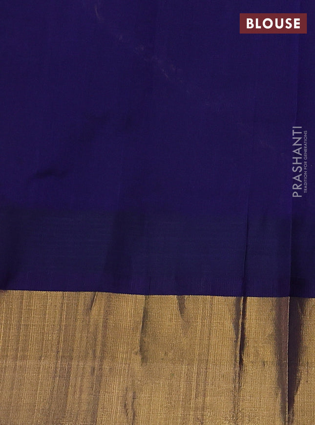 Silk cotton saree peach pink and dark blue with allover kalamkari prints and temple design zari woven border