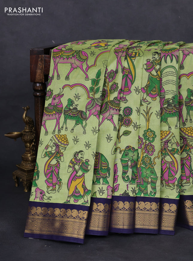 Silk cotton saree pista green and navy blue with allover kalamkari prints and zari woven korvai border