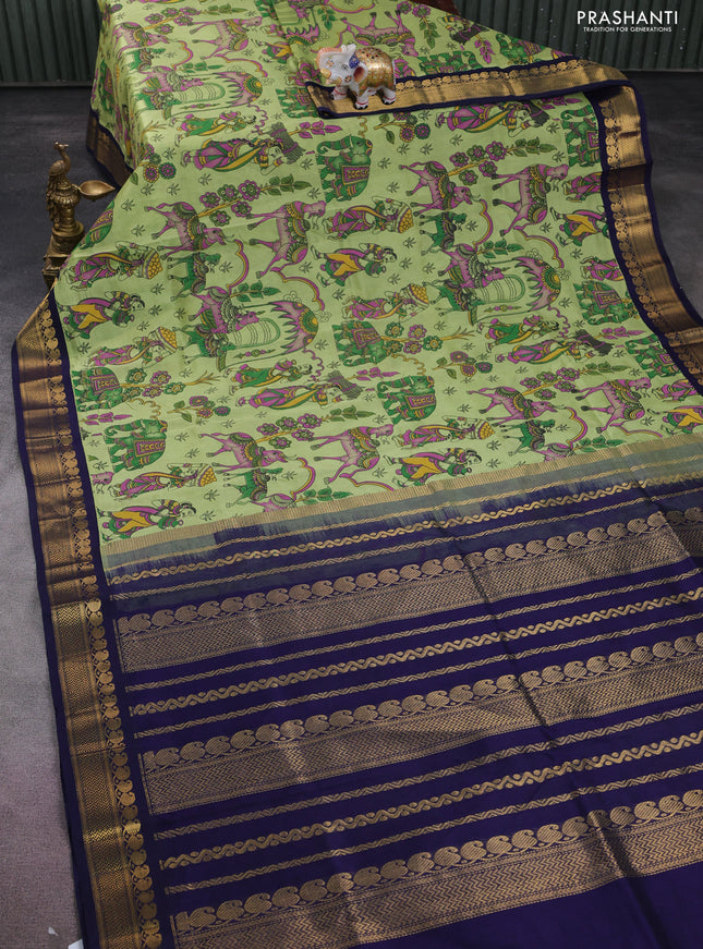 Silk cotton saree pista green and navy blue with allover kalamkari prints and zari woven korvai border