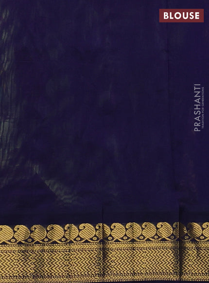 Silk cotton saree pista green and navy blue with allover kalamkari prints and zari woven korvai border