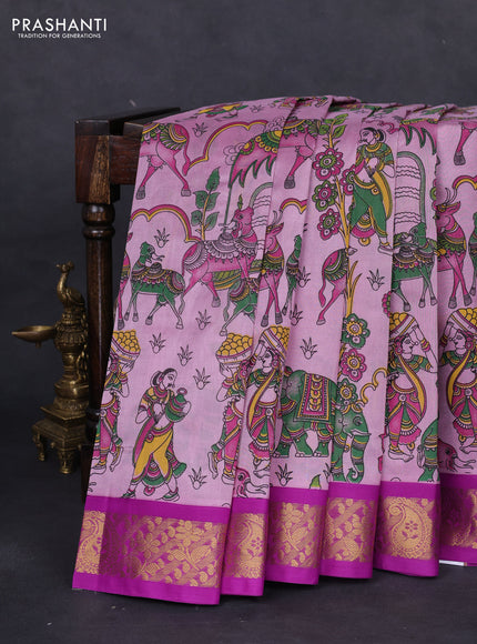 Silk cotton saree mild lavender and purple with allover kalamkari prints and zari woven korvai border
