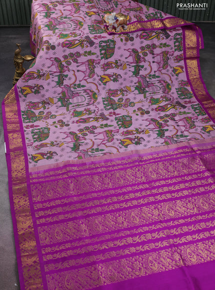 Silk cotton saree mild lavender and purple with allover kalamkari prints and zari woven korvai border
