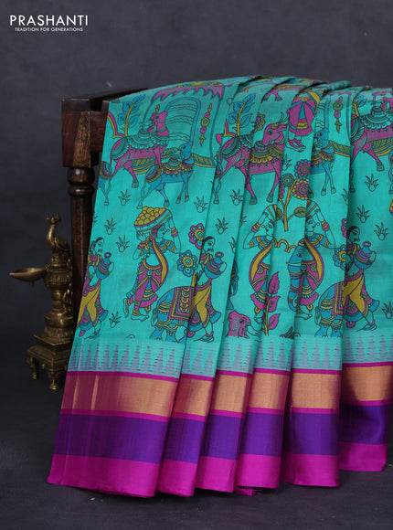 Silk cotton saree teal blue and purple with allover kalamkari prints and temple design zari woven simple border