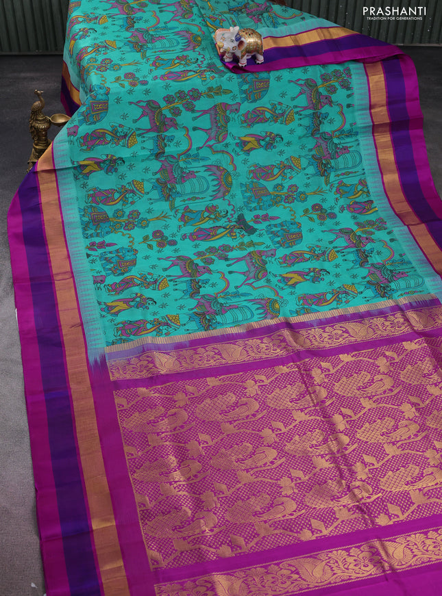 Silk cotton saree teal blue and purple with allover kalamkari prints and temple design zari woven simple border