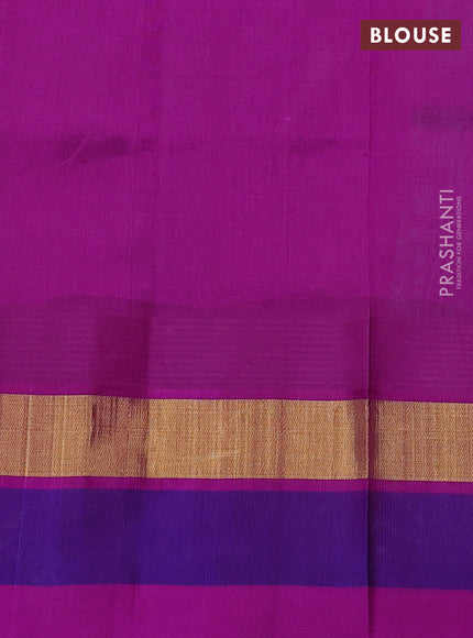 Silk cotton saree teal blue and purple with allover kalamkari prints and temple design zari woven simple border