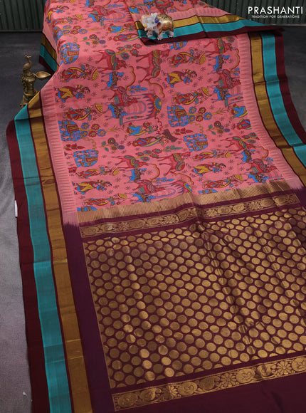 Silk cotton saree peach shade and deep maroon with allover floral prints and temple design zari woven simple border