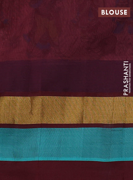 Silk cotton saree peach shade and deep maroon with allover floral prints and temple design zari woven simple border