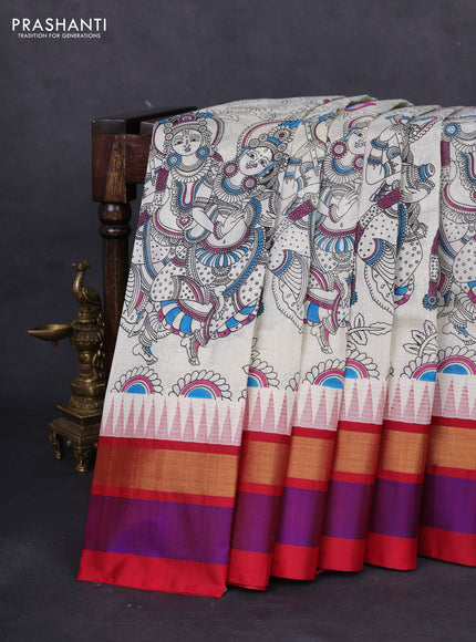 Silk cotton saree cream and maroon with allover kalamkari prints and temple design zari woven simple border