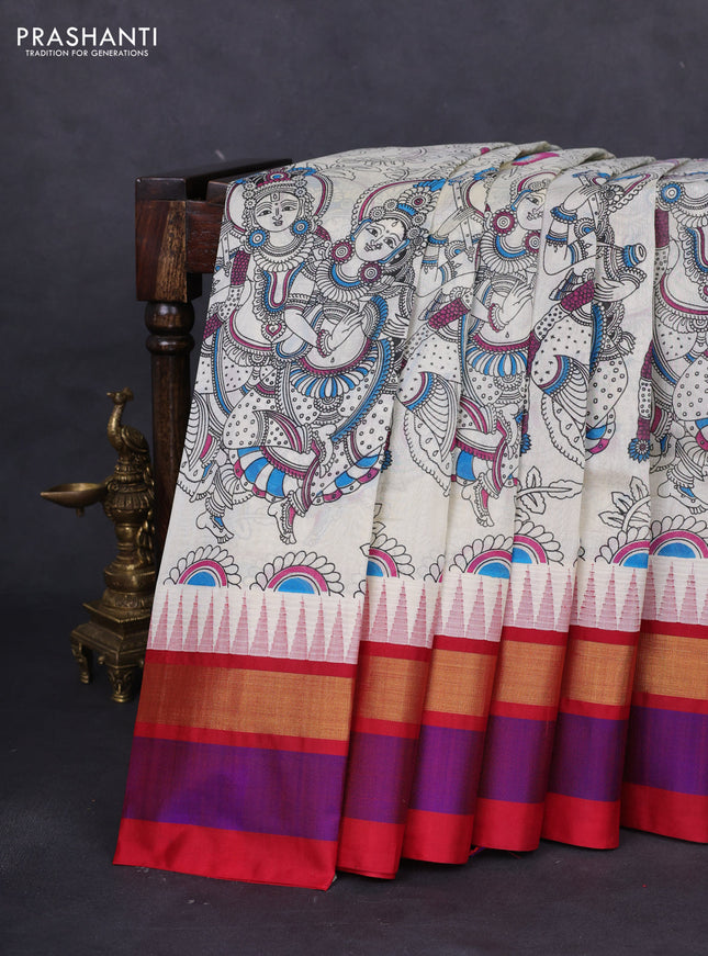 Silk cotton saree cream and maroon with allover kalamkari prints and temple design zari woven simple border