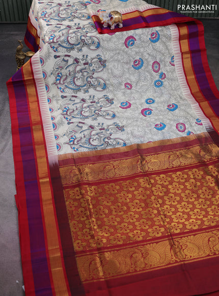 Silk cotton saree cream and maroon with allover kalamkari prints and temple design zari woven simple border