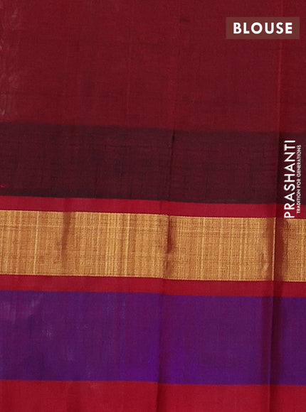 Silk cotton saree cream and maroon with allover kalamkari prints and temple design zari woven simple border
