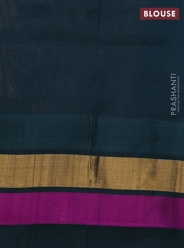 Silk cotton saree pale orange and peacock green with allover kalamkari prints and temple design zari woven simple border