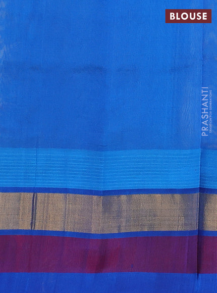 Silk cotton saree pale yellow and cs blue with allover kalamkari prints and temple design zari woven simple border