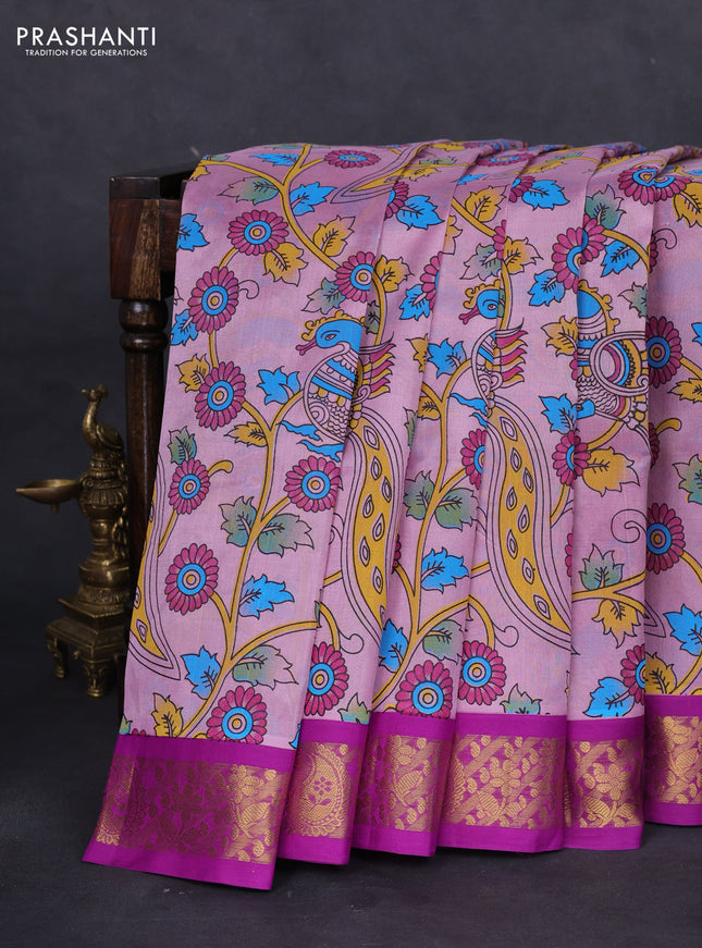 Silk cotton saree mild lavender and purple with allover kalamkari prints and zari woven korvai border