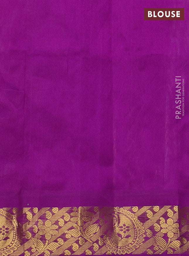 Silk cotton saree mild lavender and purple with allover kalamkari prints and zari woven korvai border