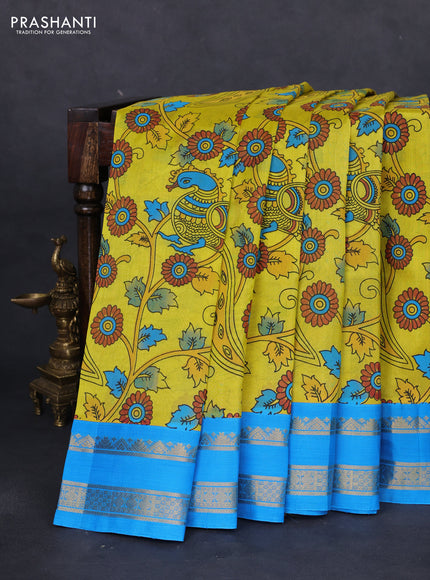 Silk cotton saree yellow and cs blue with allover kalamkari prints and rettapet zari woven korvai border