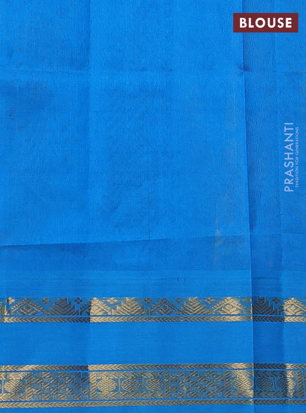 Silk cotton saree yellow and cs blue with allover kalamkari prints and rettapet zari woven korvai border