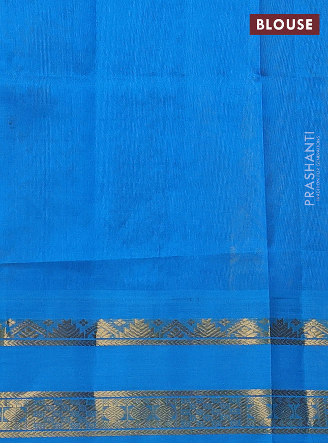 Silk cotton saree yellow and cs blue with allover kalamkari prints and rettapet zari woven korvai border