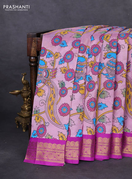 Silk cotton saree mild lavender and purple with allover kalamkari prints and zari woven korvai border