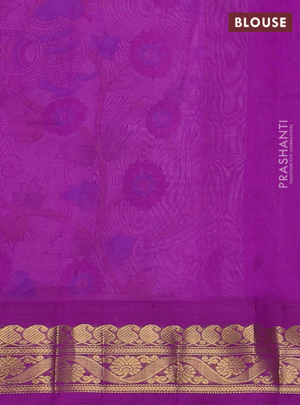 Silk cotton saree mild lavender and purple with allover kalamkari prints and zari woven korvai border