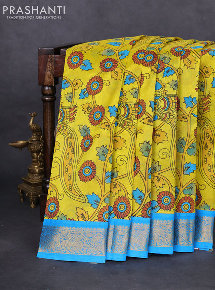 Silk cotton saree yellow and cs blue with allover kalamkari prints and zari woven korvai border