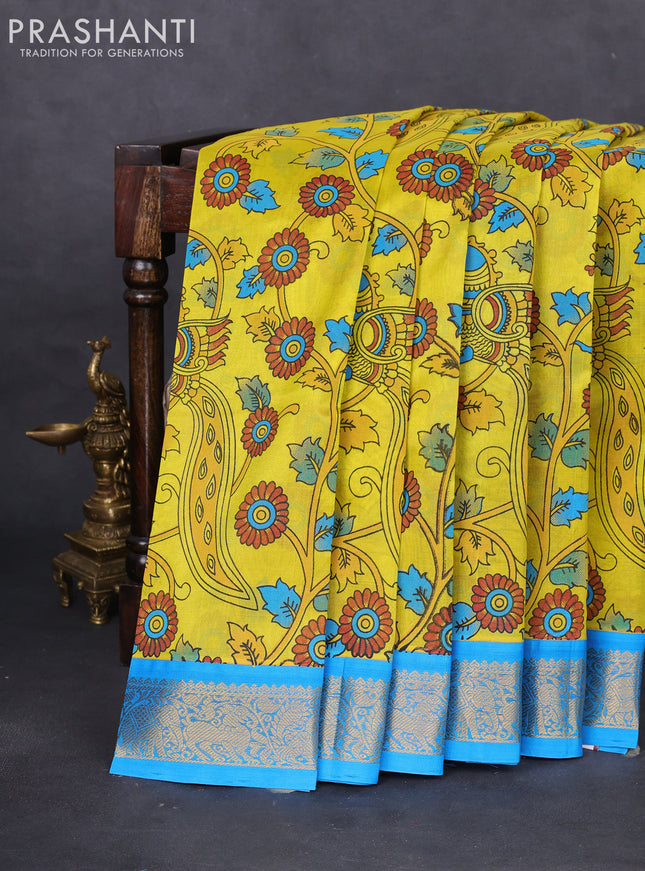 Silk cotton saree yellow and cs blue with allover kalamkari prints and zari woven korvai border