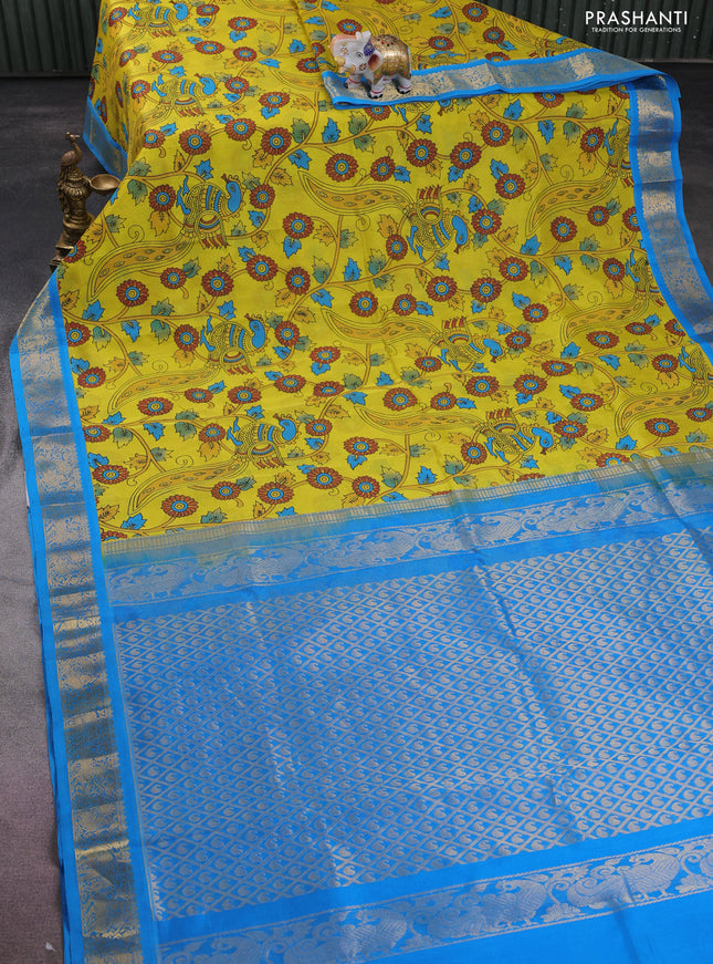 Silk cotton saree yellow and cs blue with allover kalamkari prints and zari woven korvai border