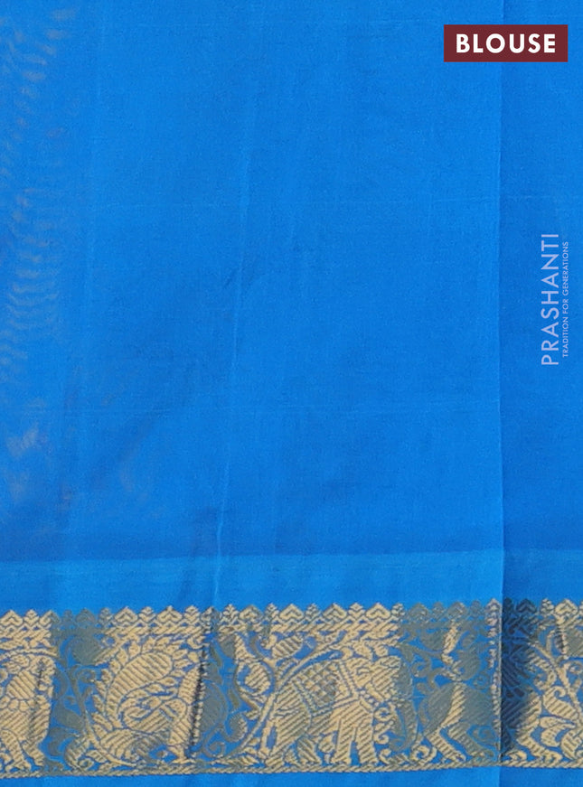 Silk cotton saree yellow and cs blue with allover kalamkari prints and zari woven korvai border