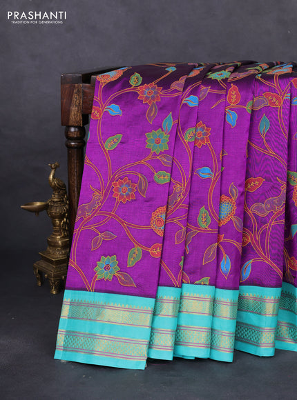 Silk cotton saree purple and teal green shade with allover kalamkari prints and rettapet zari woven korvai border