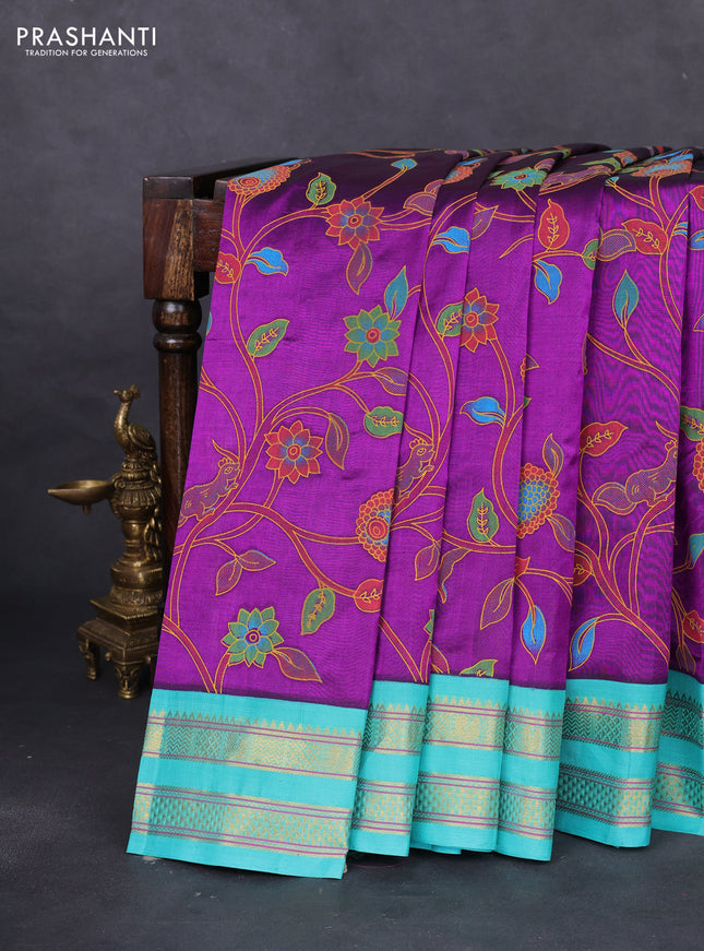 Silk cotton saree purple and teal green shade with allover kalamkari prints and rettapet zari woven korvai border
