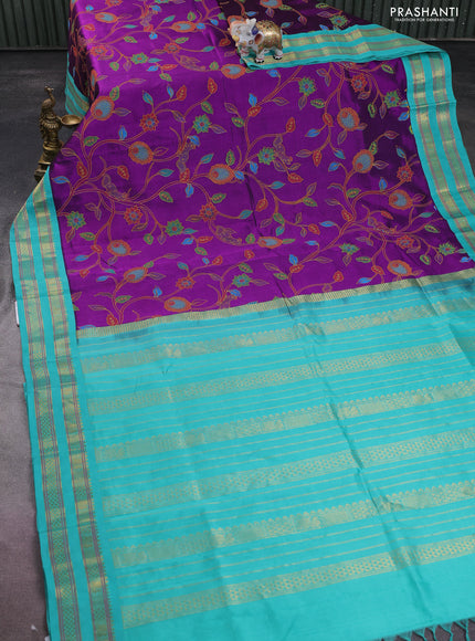 Silk cotton saree purple and teal green shade with allover kalamkari prints and rettapet zari woven korvai border