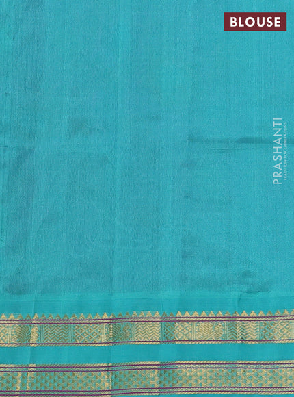 Silk cotton saree purple and teal green shade with allover kalamkari prints and rettapet zari woven korvai border