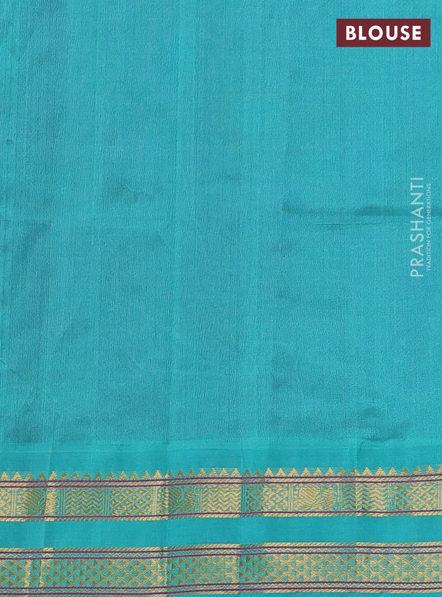 Silk cotton saree purple and teal green shade with allover kalamkari prints and rettapet zari woven korvai border