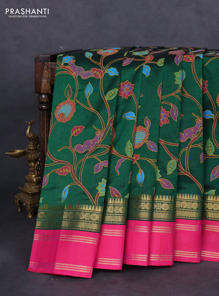 Silk cotton saree dark green and pink with allover kalamkari prints and rettapet zari woven korvai border