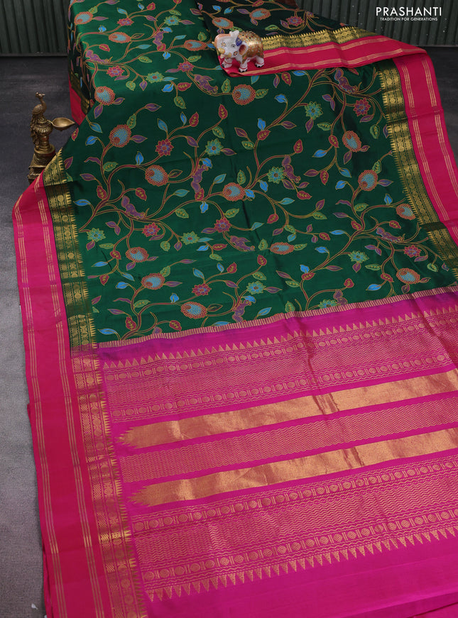 Silk cotton saree dark green and pink with allover kalamkari prints and rettapet zari woven korvai border
