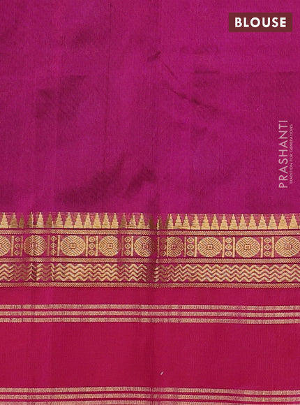 Silk cotton saree dark green and pink with allover kalamkari prints and rettapet zari woven korvai border