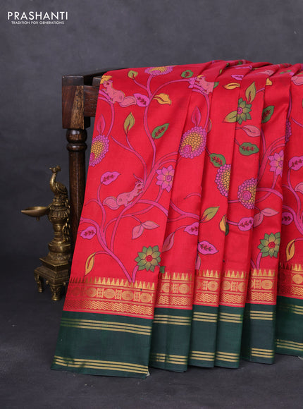 Silk cotton saree red and dark green with allover kalamkari prints and rettapet zari woven korvai border