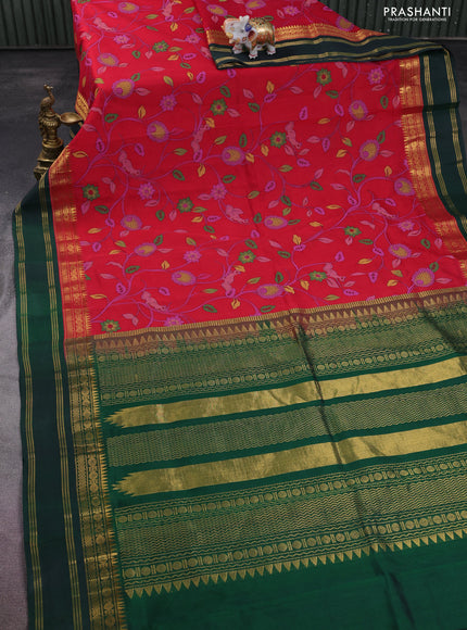 Silk cotton saree red and dark green with allover kalamkari prints and rettapet zari woven korvai border