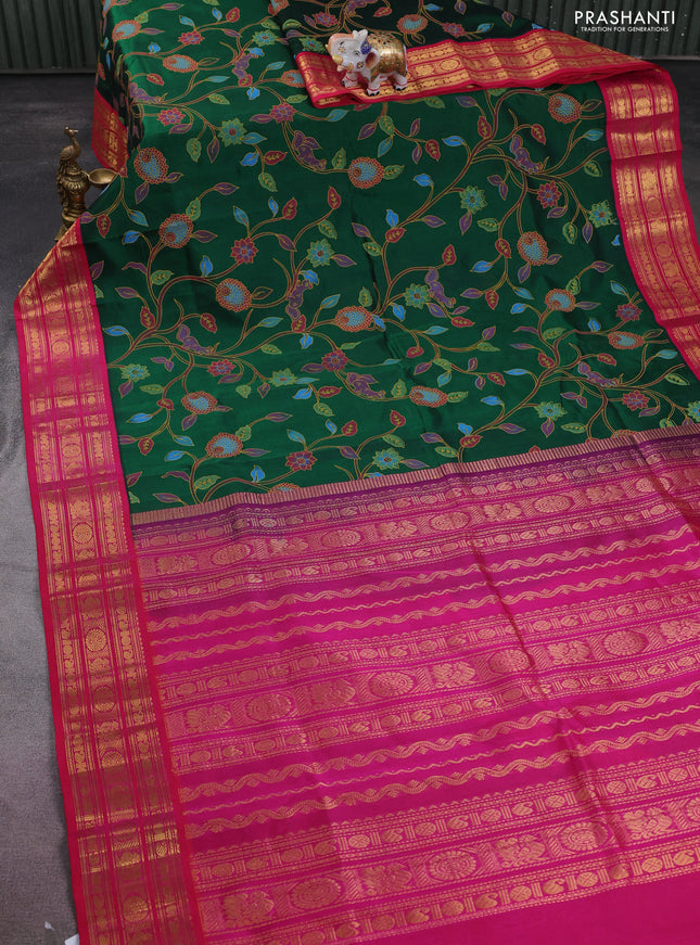 Silk cotton saree green and pink with allover kalamkari prints and zari woven korvai border