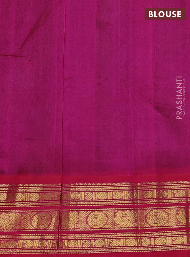 Silk cotton saree green and pink with allover kalamkari prints and zari woven korvai border