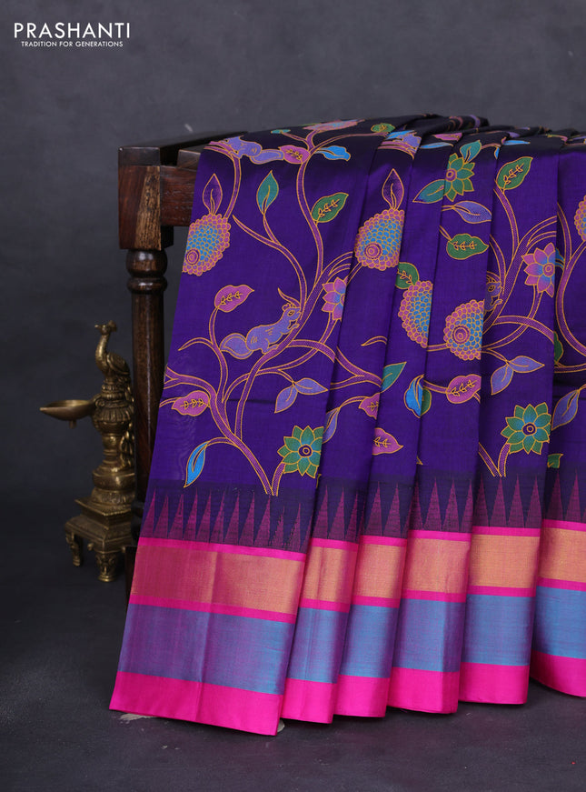 Silk cotton saree violet and pink with allover kalamkari prints and temple design zari woven border