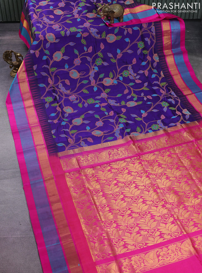 Silk cotton saree violet and pink with allover kalamkari prints and temple design zari woven border
