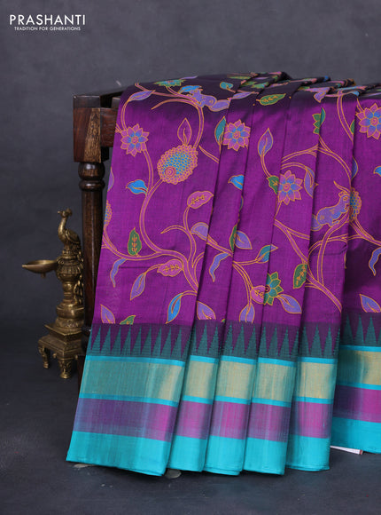 Silk cotton saree purple and teal blue with allover kalamkari prints and temple design zari woven border