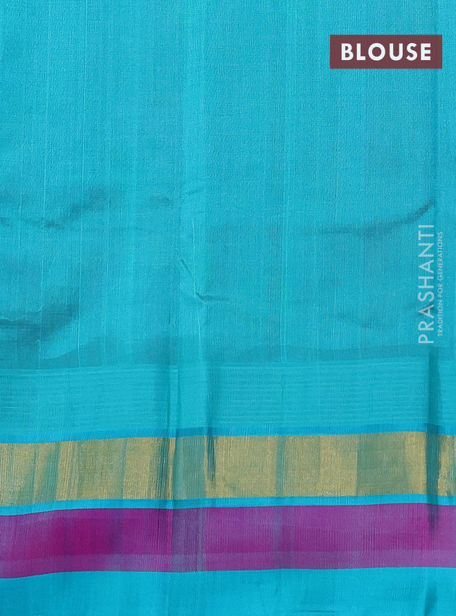 Silk cotton saree purple and teal blue with allover kalamkari prints and temple design zari woven border