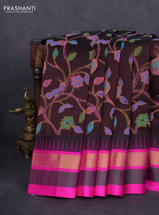 Silk cotton saree deep maroon and pink with allover kalamkari prints and temple design zari woven simple border