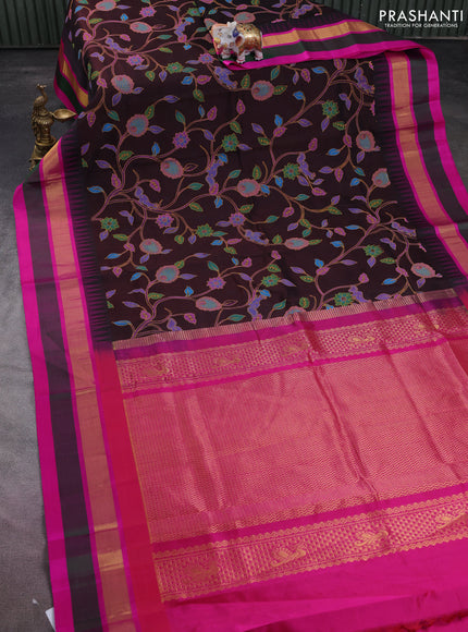 Silk cotton saree deep maroon and pink with allover kalamkari prints and temple design zari woven simple border