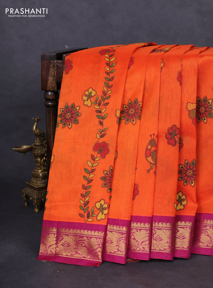 Silk cotton saree orange and magenta pink with allover madhubani prints and zari woven korvai border
