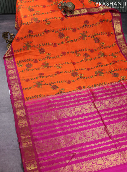 Silk cotton saree orange and magenta pink with allover madhubani prints and zari woven korvai border